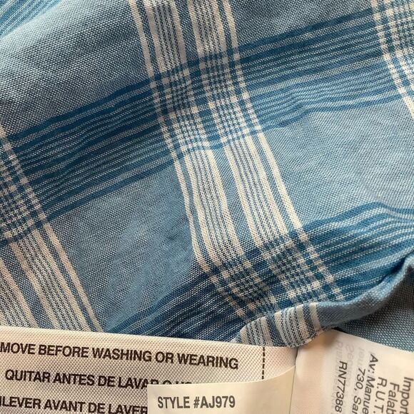 Madewell Ruffle‎ Neck Top Colwell Plaid Medium Blue & White - Picture 8 of 11